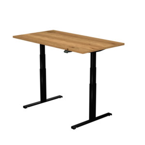 Ein eleganter höhenverstellbarer Schreibtisch mit schwarzem Gestell und einer Tischplatte in natürlicher Eiche.